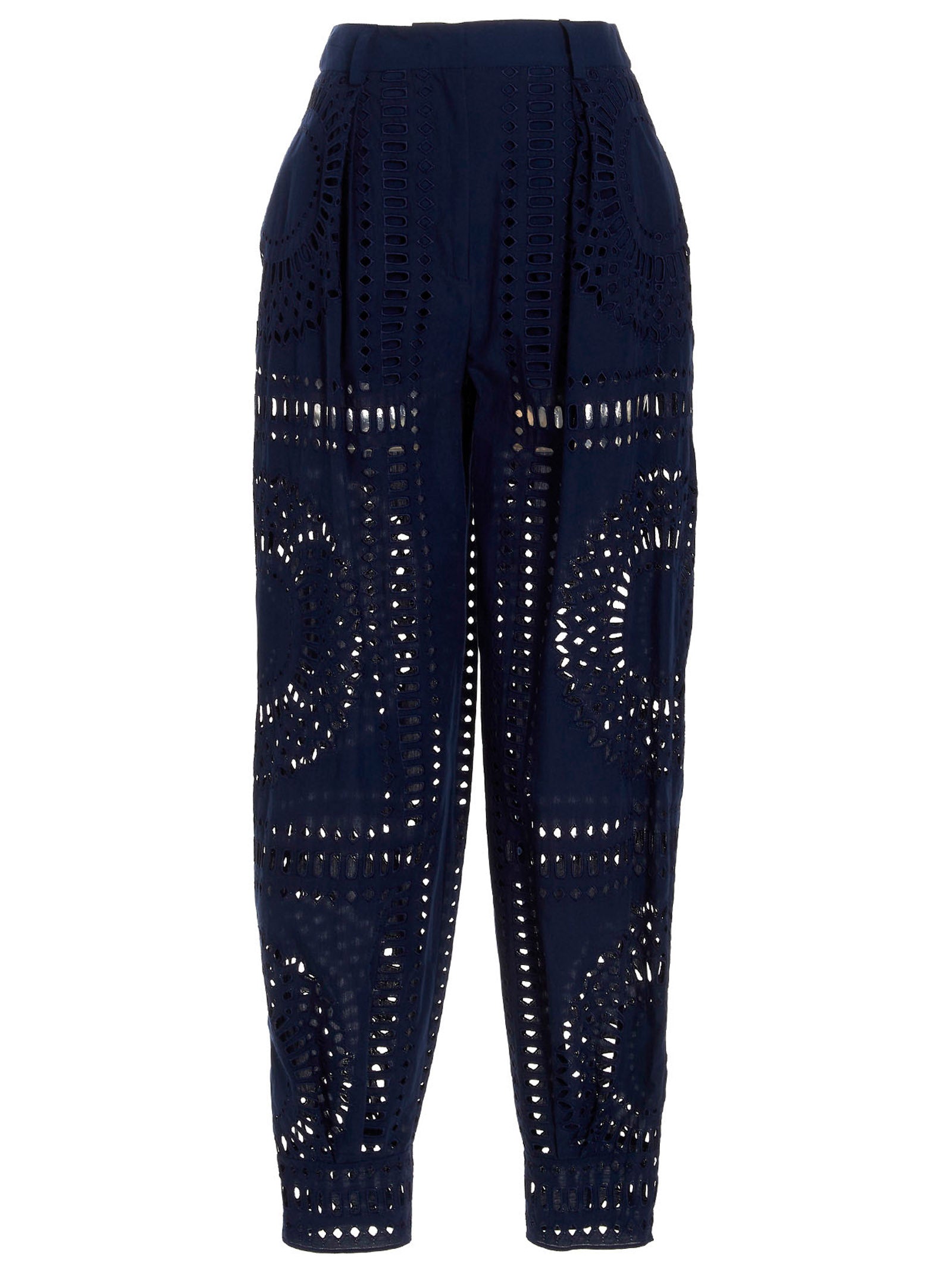 Laser-Cut Embroidered Cotton-Blend Trousers — Navy