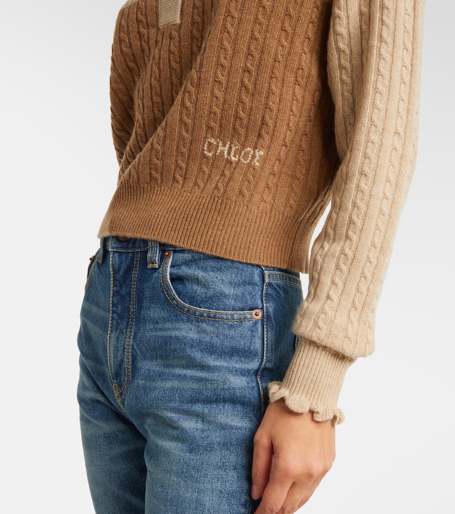 Chloé Cable-knit ruffled wool and cashmere polo sweater
