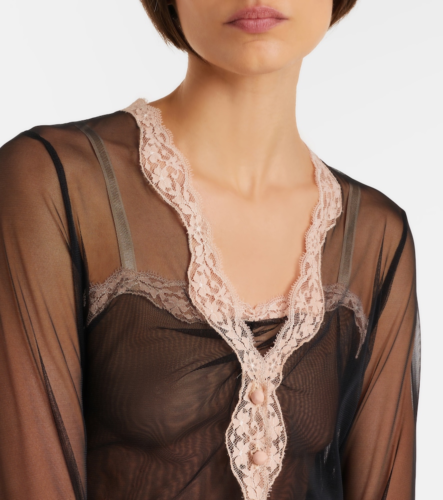 Lace-trimmed sheer mesh shirt