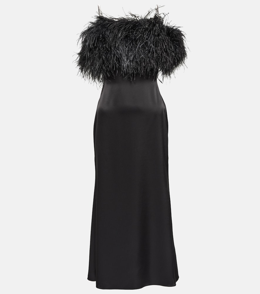 Feather-trimmed satin midi dress
