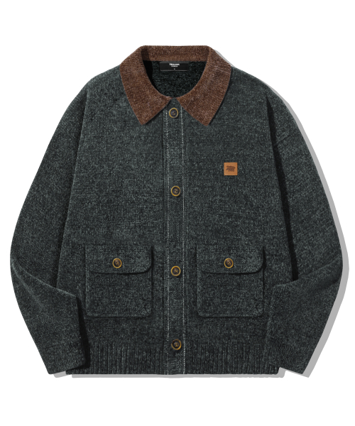 Leather Patchwork Velvet Cardigan Knit _ Khaki