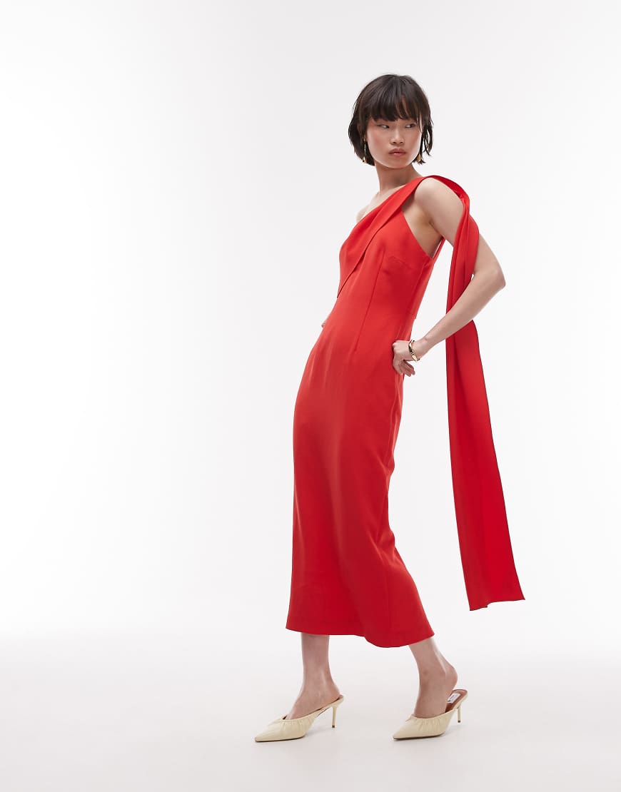 Mango one shoulder draped dress in red