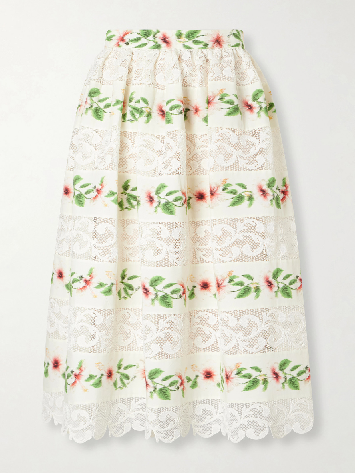 Floral-print Lace-trimmed Cotton-blend Midi Dress