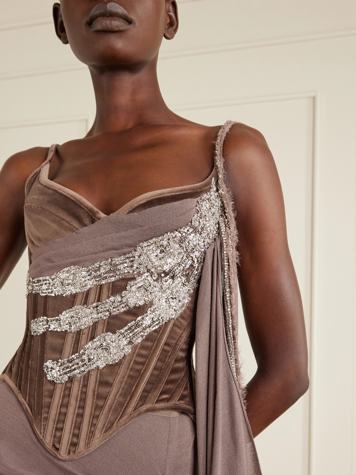 Tie-detailed Embellished Cotton-blend Velvet Corset Top - Brown