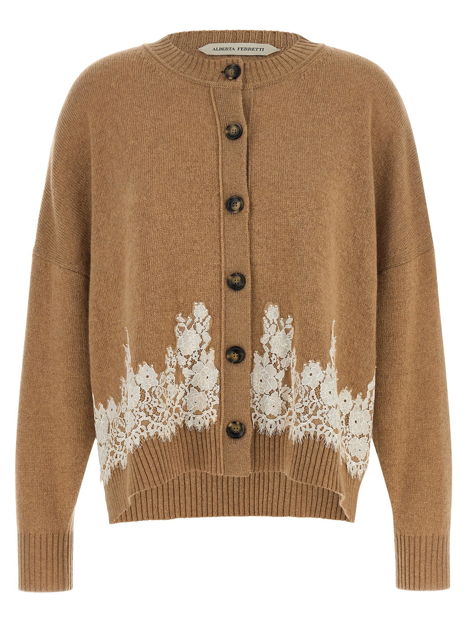 Lace-Insert Cashmere Blend Cardigan — Camel