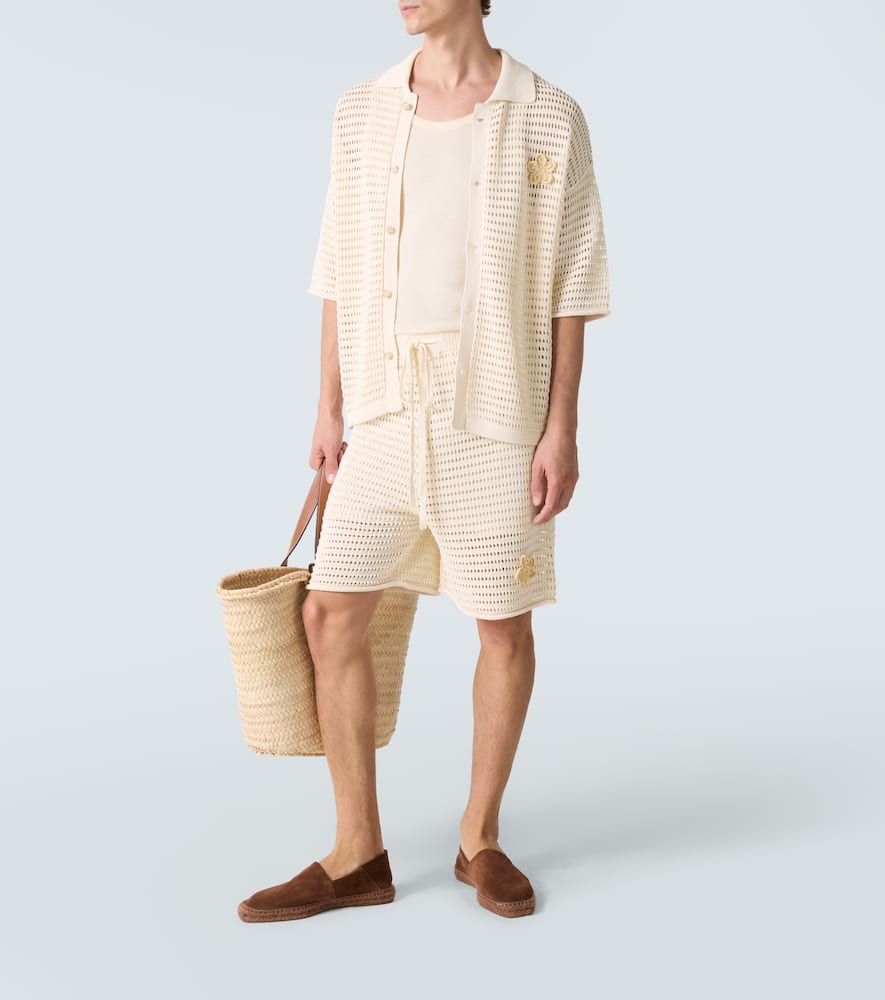 Crochet floral-appliqué open-knit Bermuda shorts