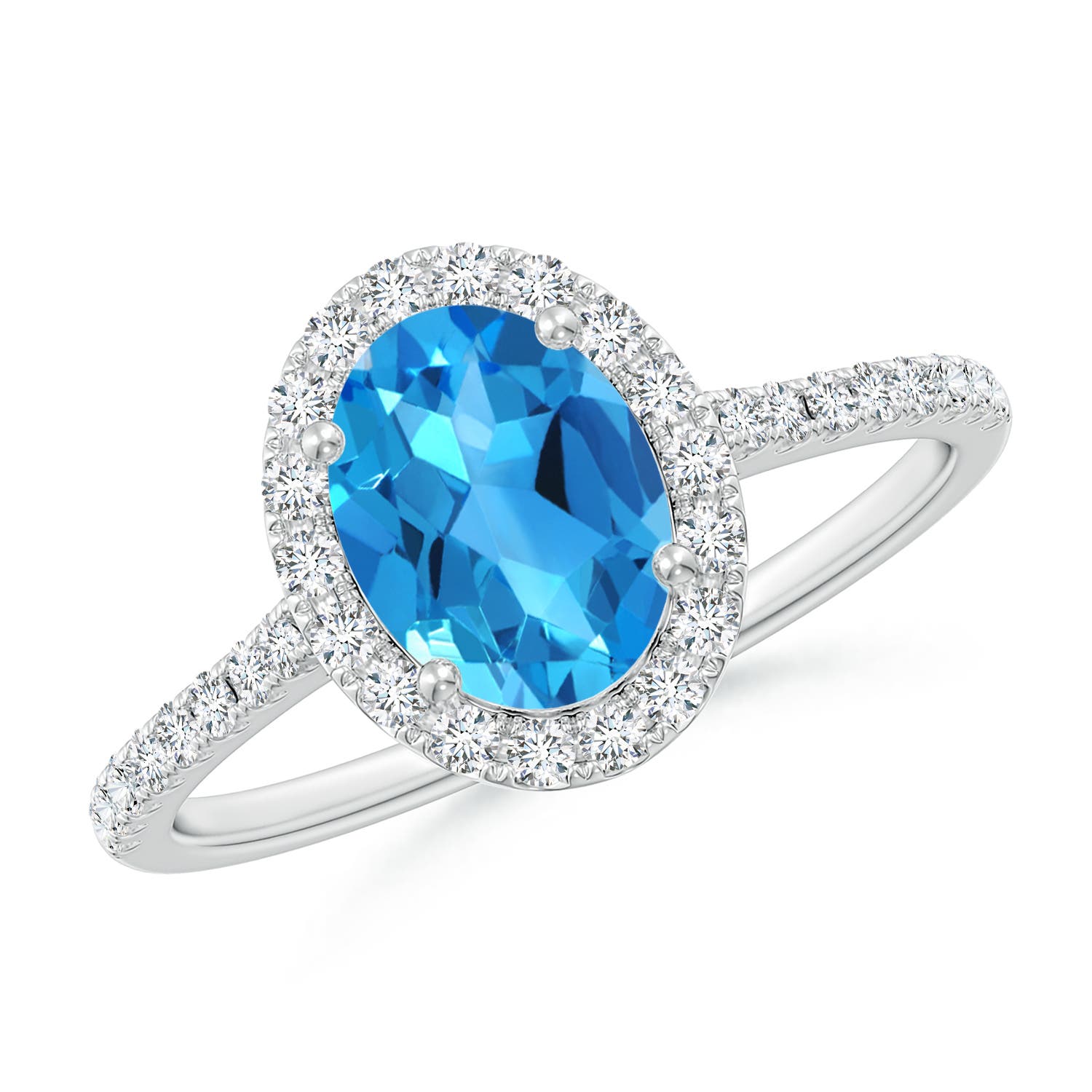 Angara 1.5 Carats Prong-Set Oval Swiss Blue Topaz Halo Ring with Diamonds in Platinum