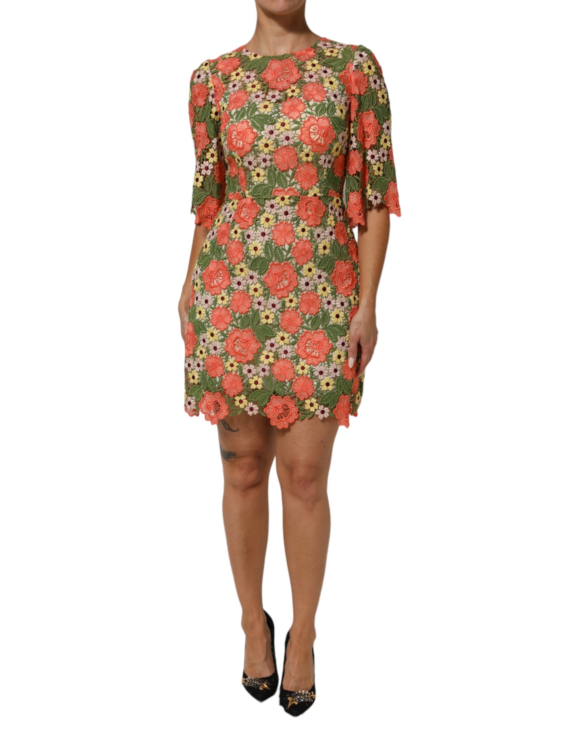Floral Embroidered A-line Mini Dress — Multicolor