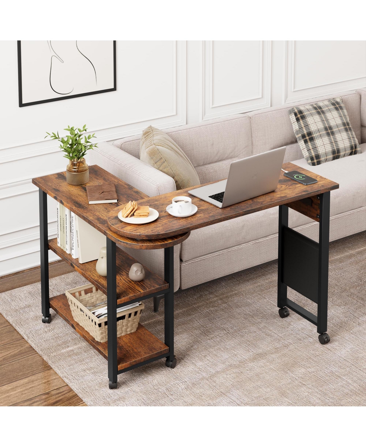 360degree(s) Rotating Sofa Side Table with Charging Station and Storage Bag