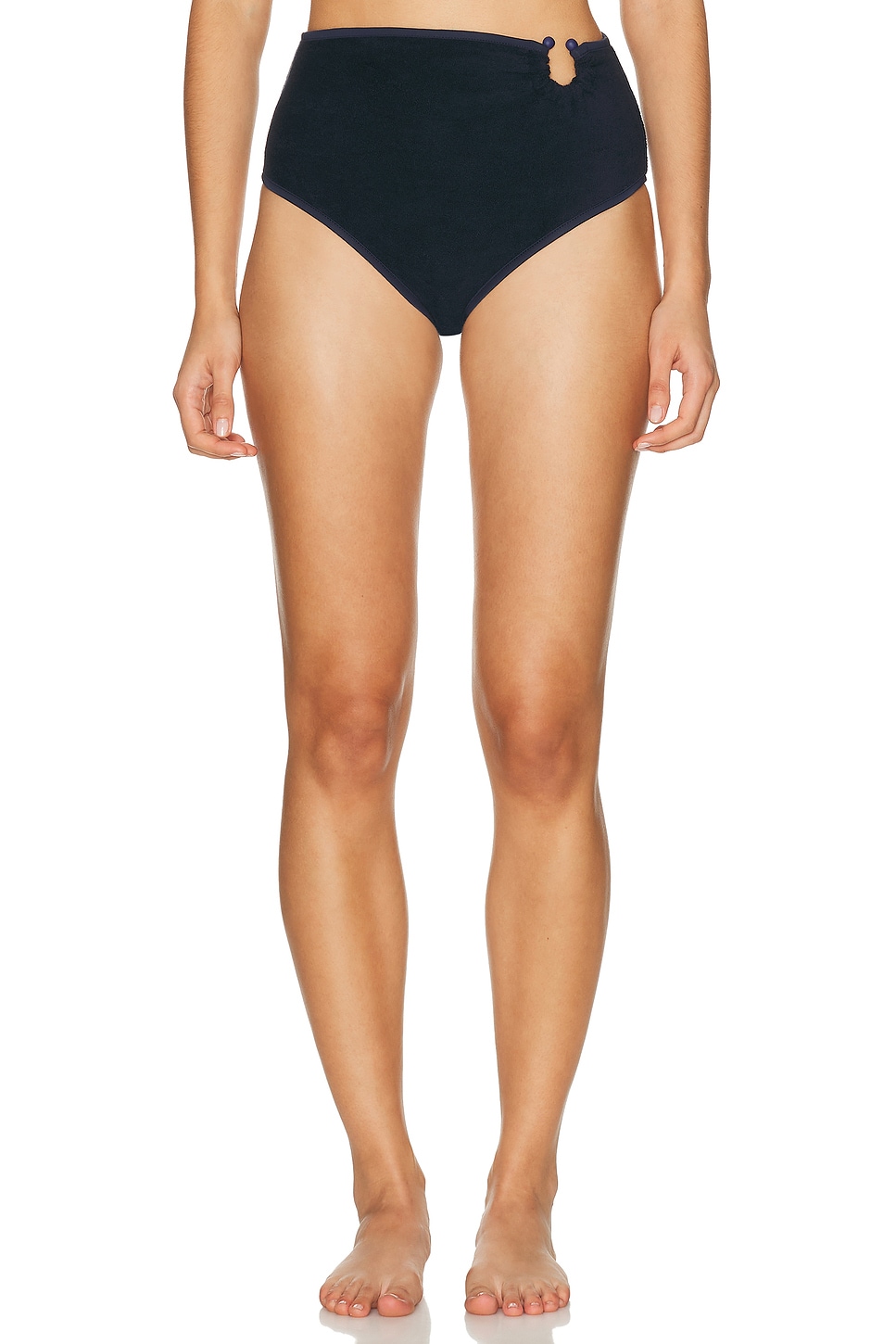 Johanna Ortiz Terry Susurro Del Agua Bikini Bottom in Navy in Navy & Ecru - Navy. XS also in S