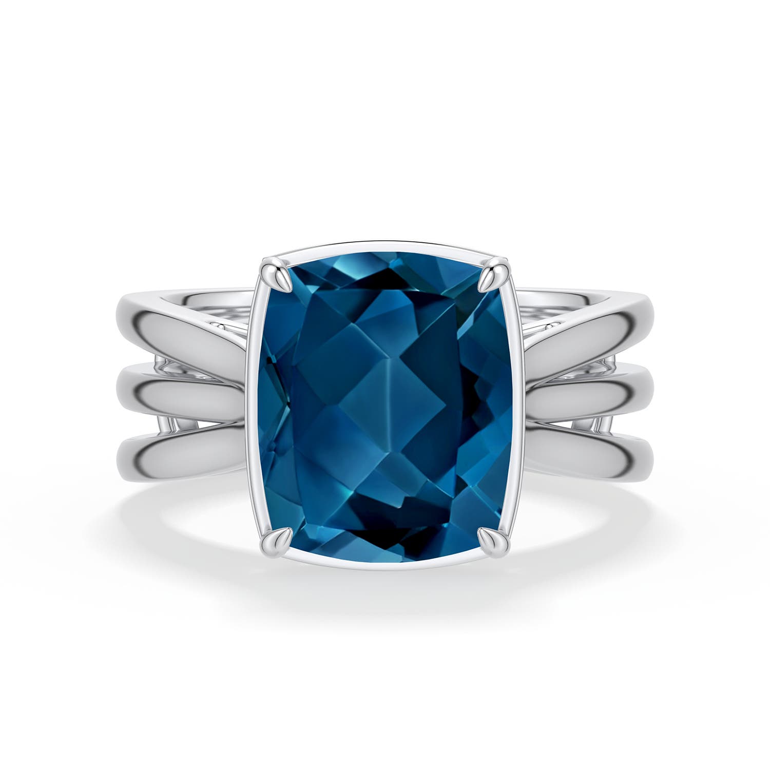 Angara 4.5 CTW Cushion Rectangular London Blue Topaz Triple Split Shank Ring in Silver