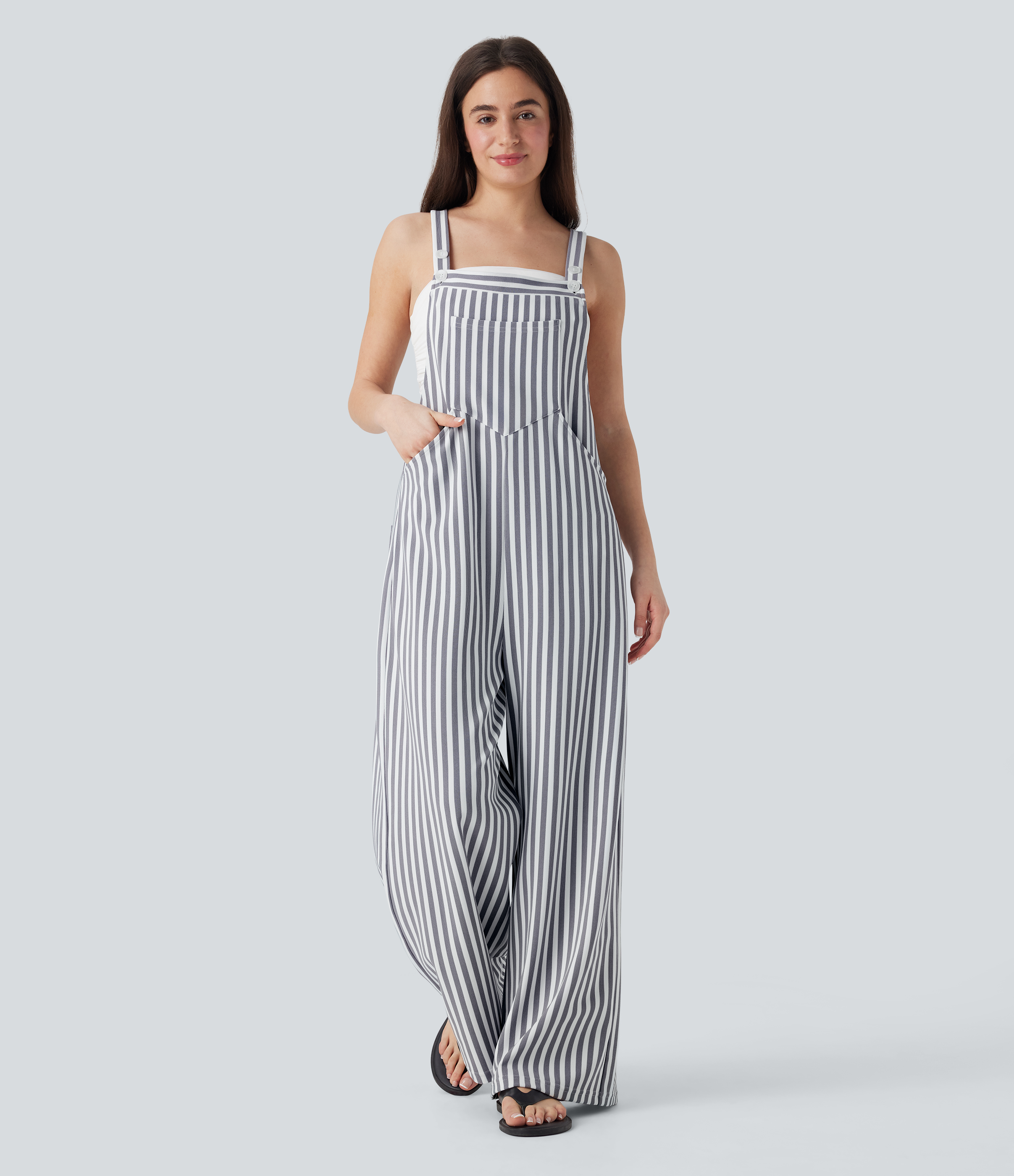 Pockets Stripe Waffle Overalls  - Stone Stripe