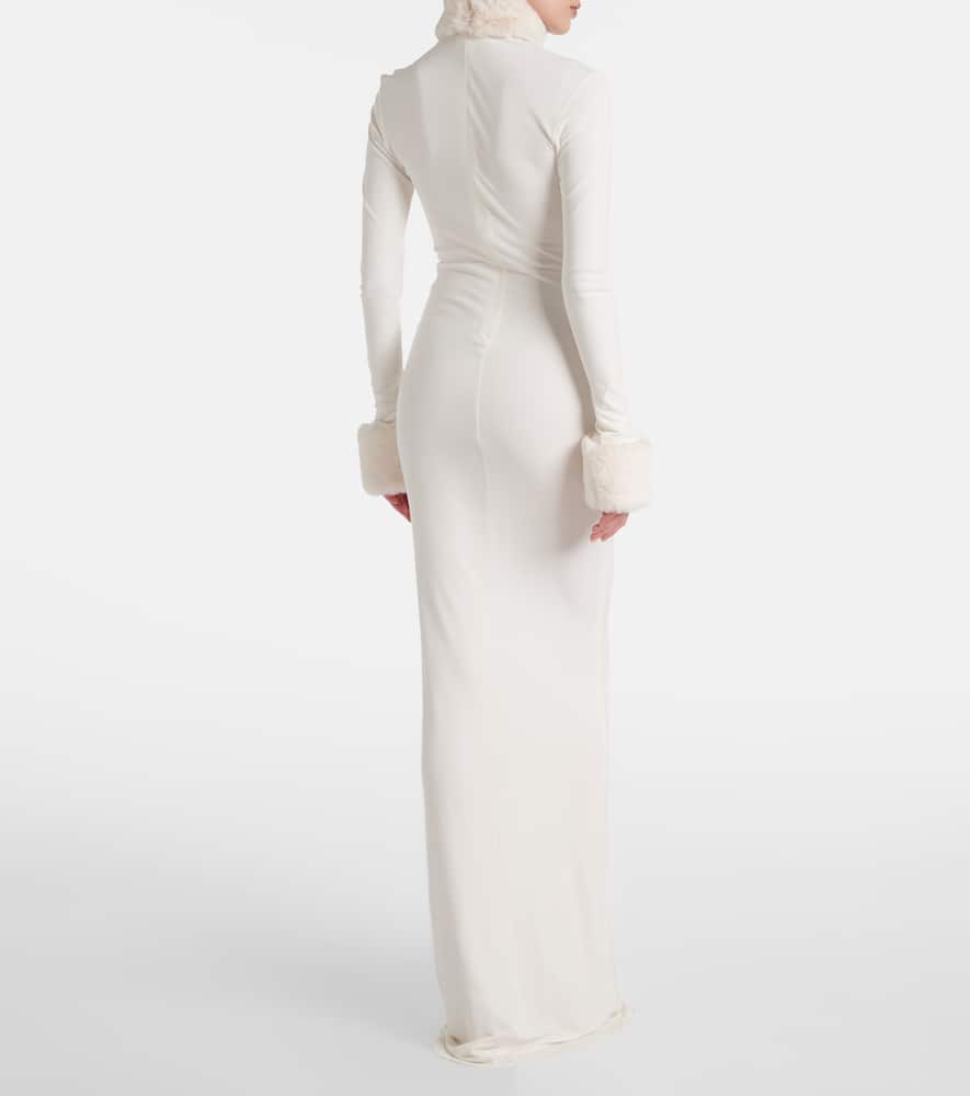 Priscilla faux fur-trimmed satin gown