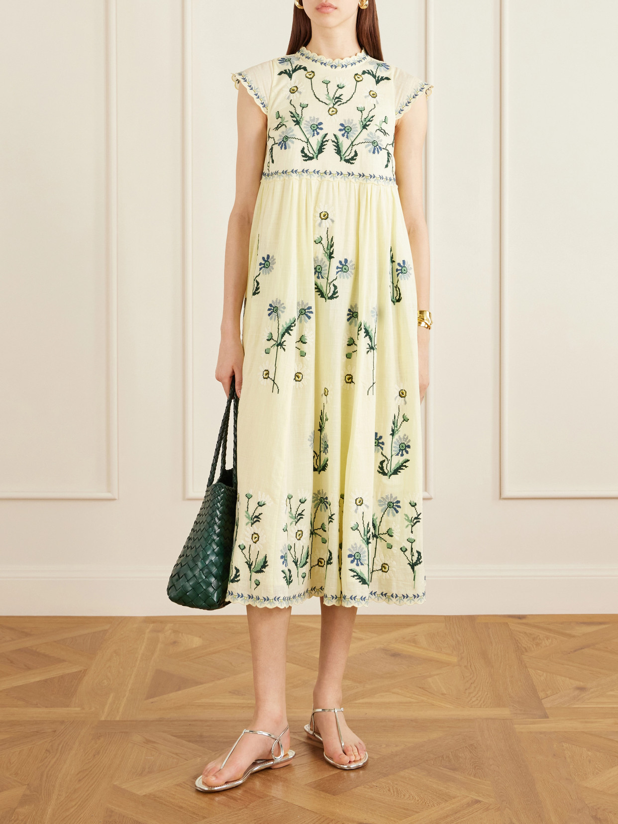 Audra Embroidery Cotton Midi Dress - Yellow