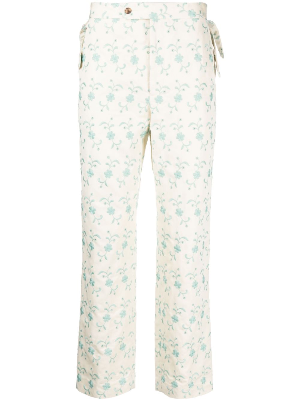 Floral-embroidery straight-leg trousers - Neutrals
