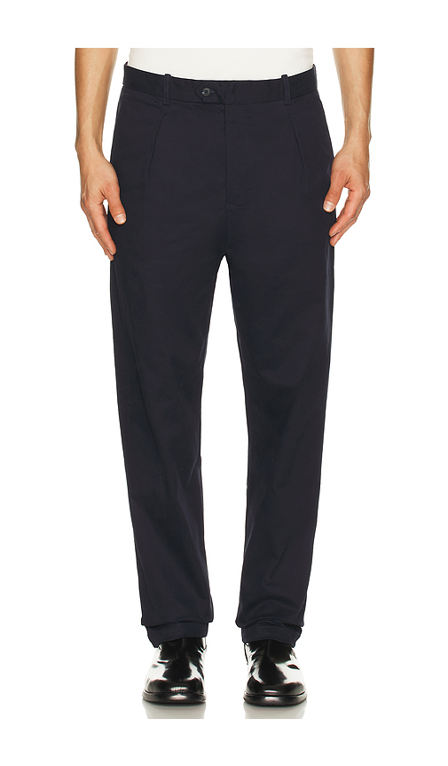 Bound Canvas Pleated Chino in Navy. S. Also in L, M, XL/1X