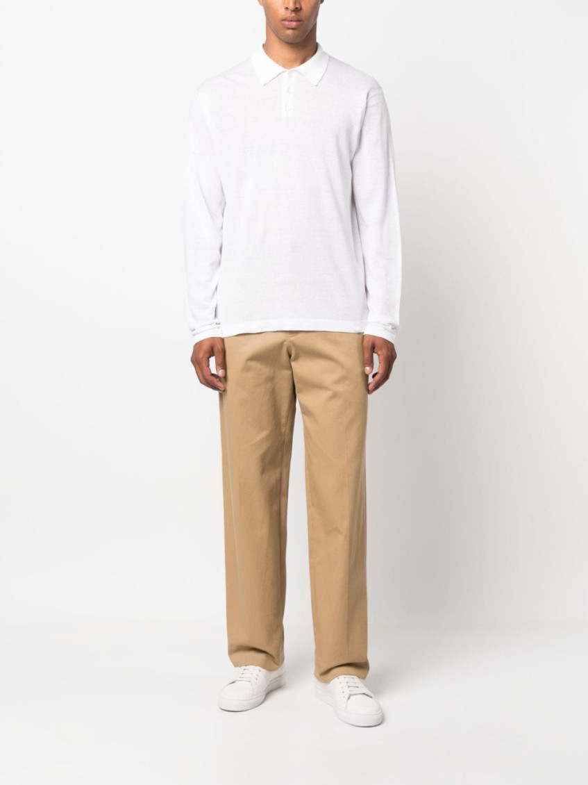 White Long Sleeve Linen Polo Shirt