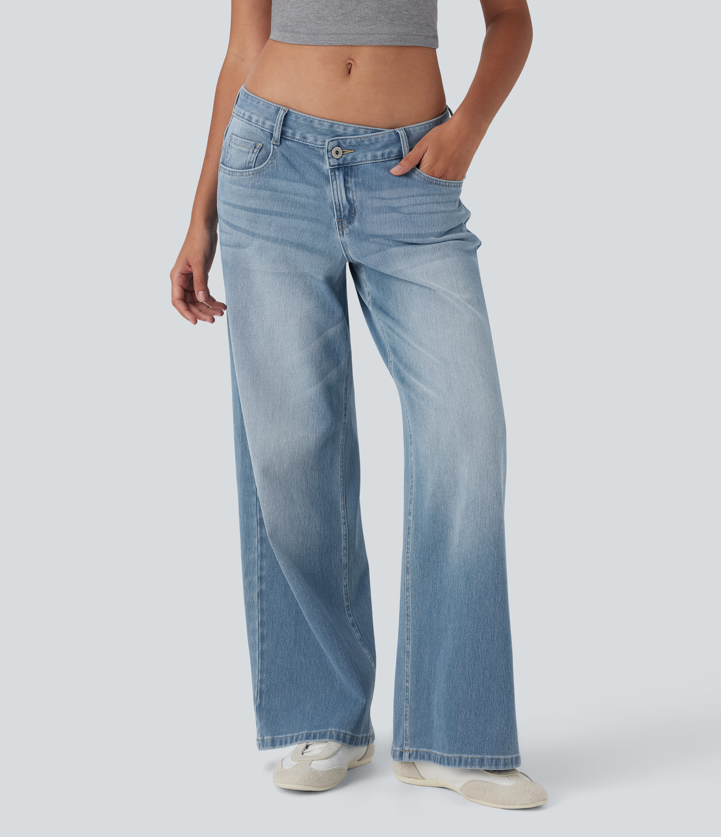 Flex™ Asymmetric Low Rise Zipper Pockets Baggy Wide Leg Washed Casual Jeans  - Malibu Blue Denim