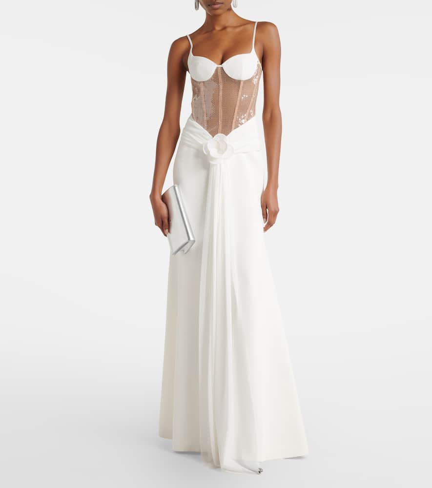 Floral-appliqué sequined bustier gown