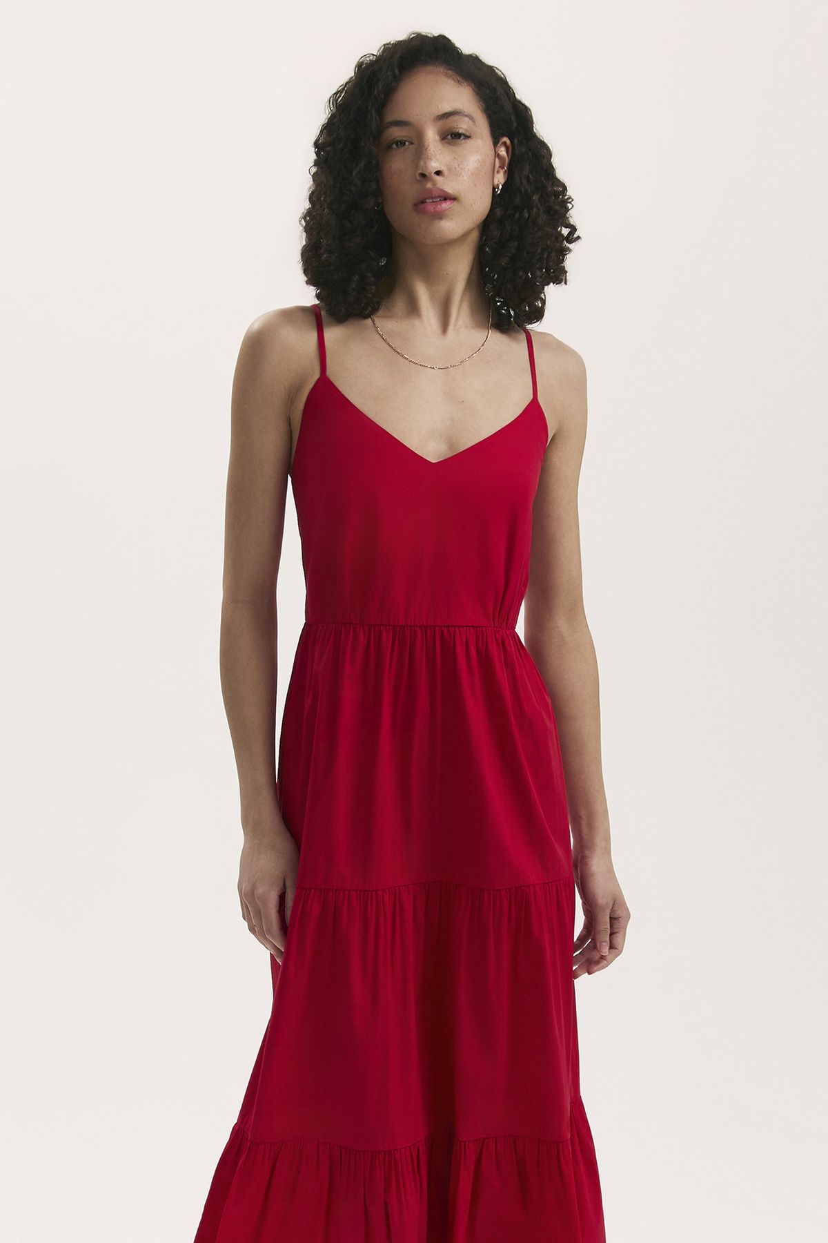 Finery London Emmie Cotton Strappy Midi Tiered Dress In Scarlet