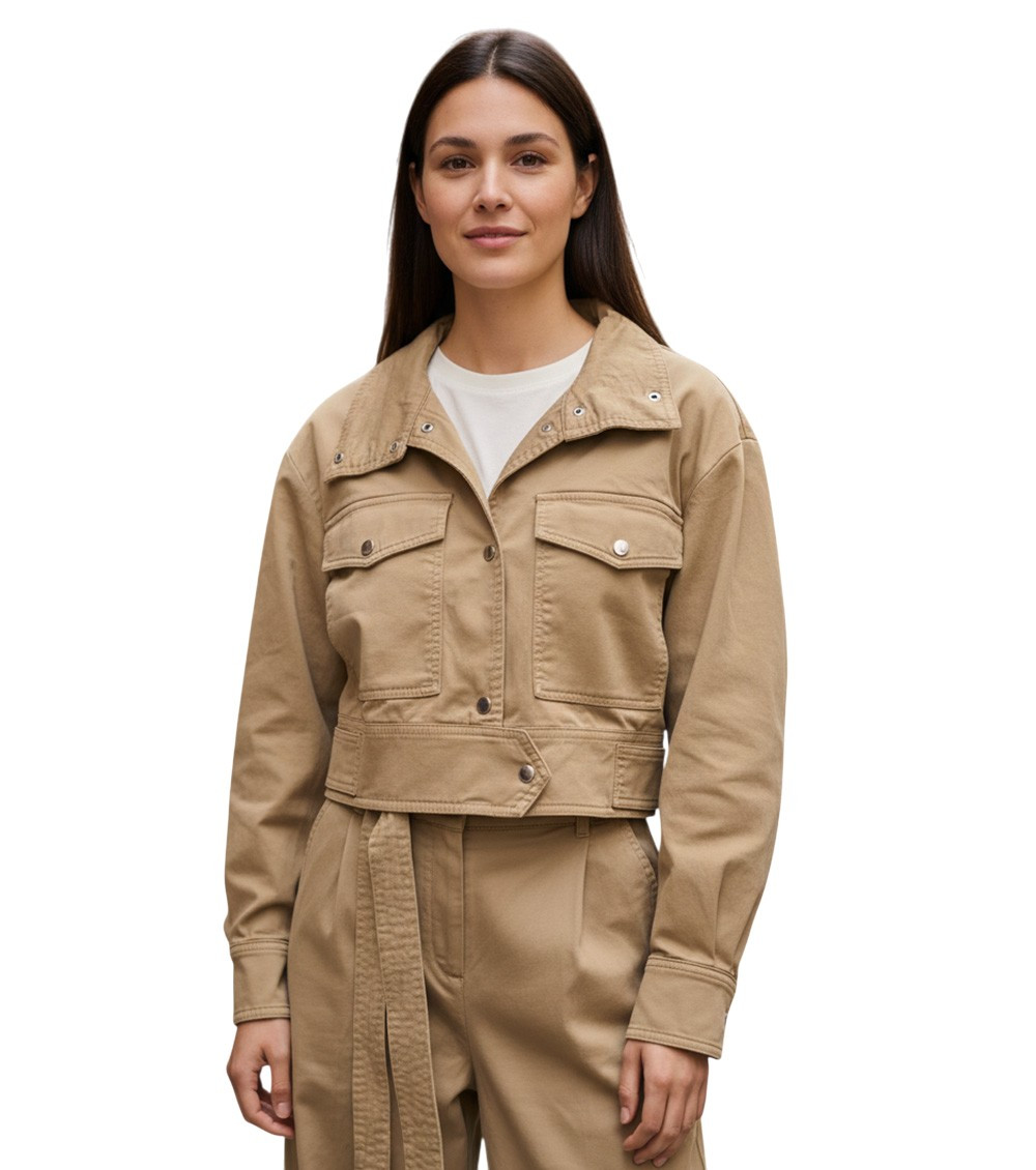 Beige Solid Shirt Collar Jacket