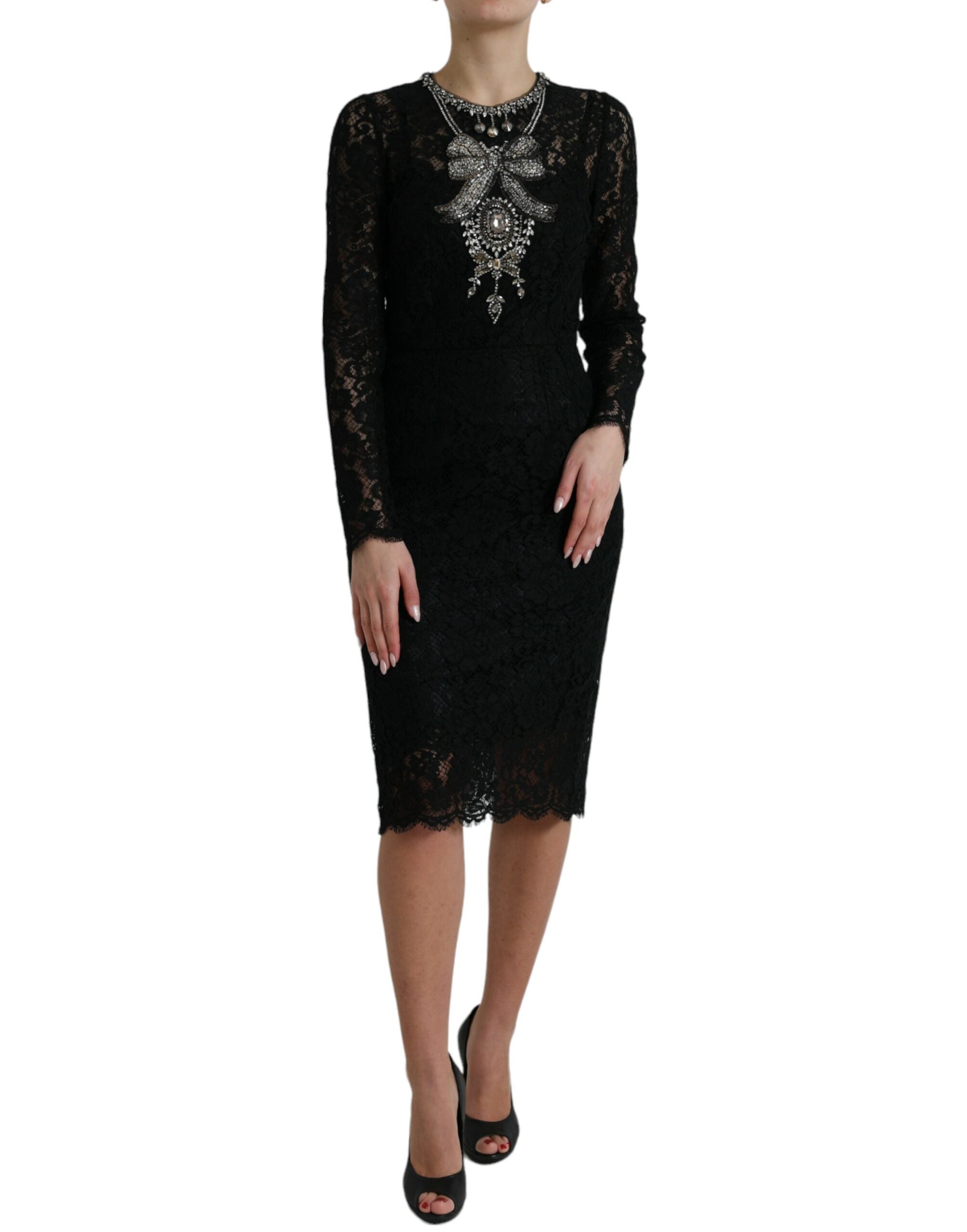 Lace Crystal-Embellished Sheath Dress — Black