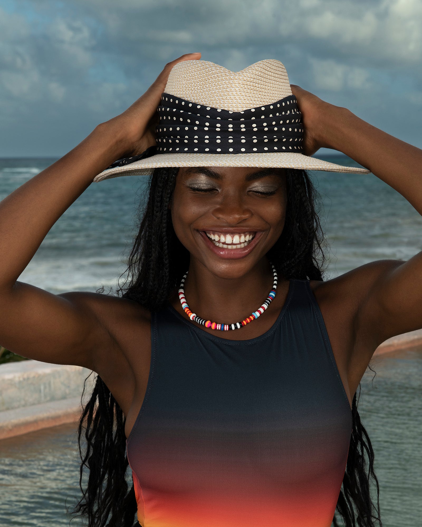Travel Fedoras with Silk Scarf, Cream/Black Dot, Travel size