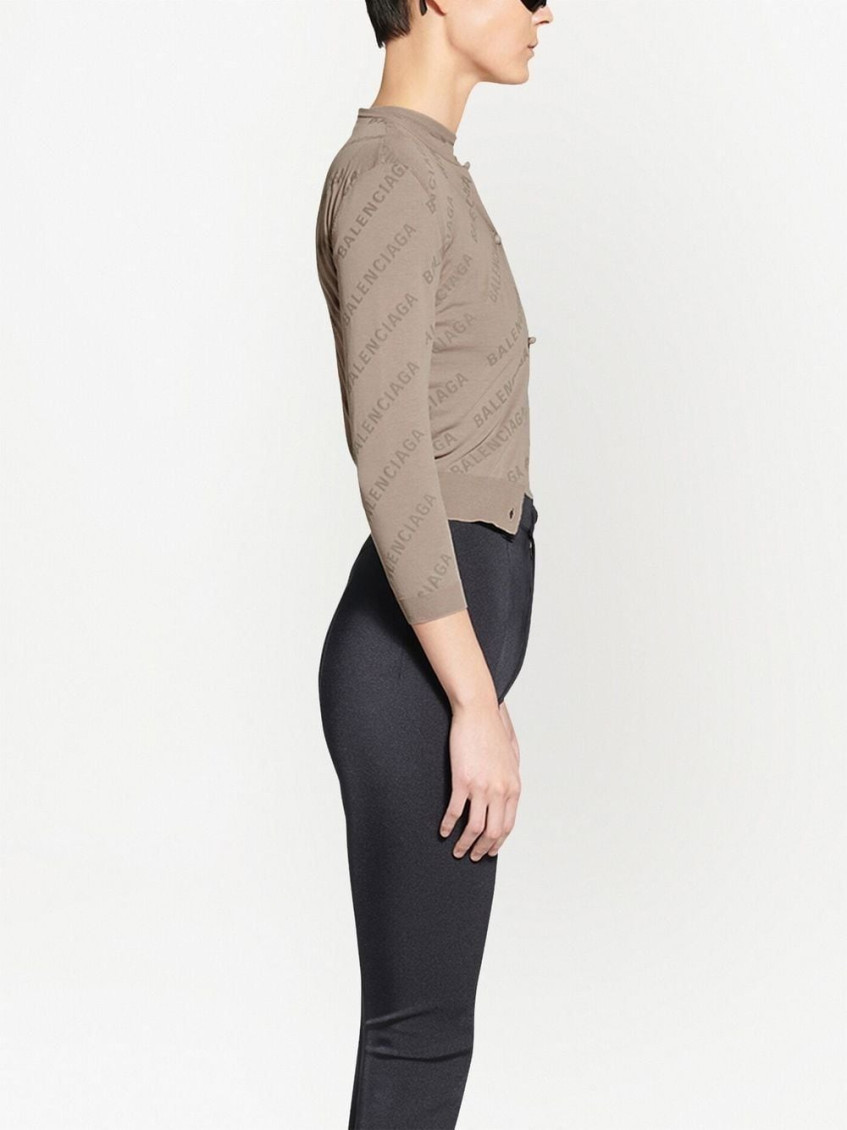 Woman Beige Knit Crop Cardigan With All-over Logo