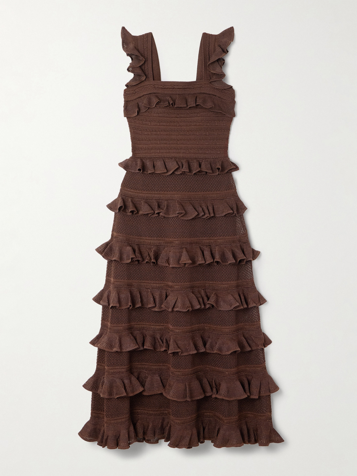 Ruffled Tiered Pointelle-knit Midi Dress - Brown