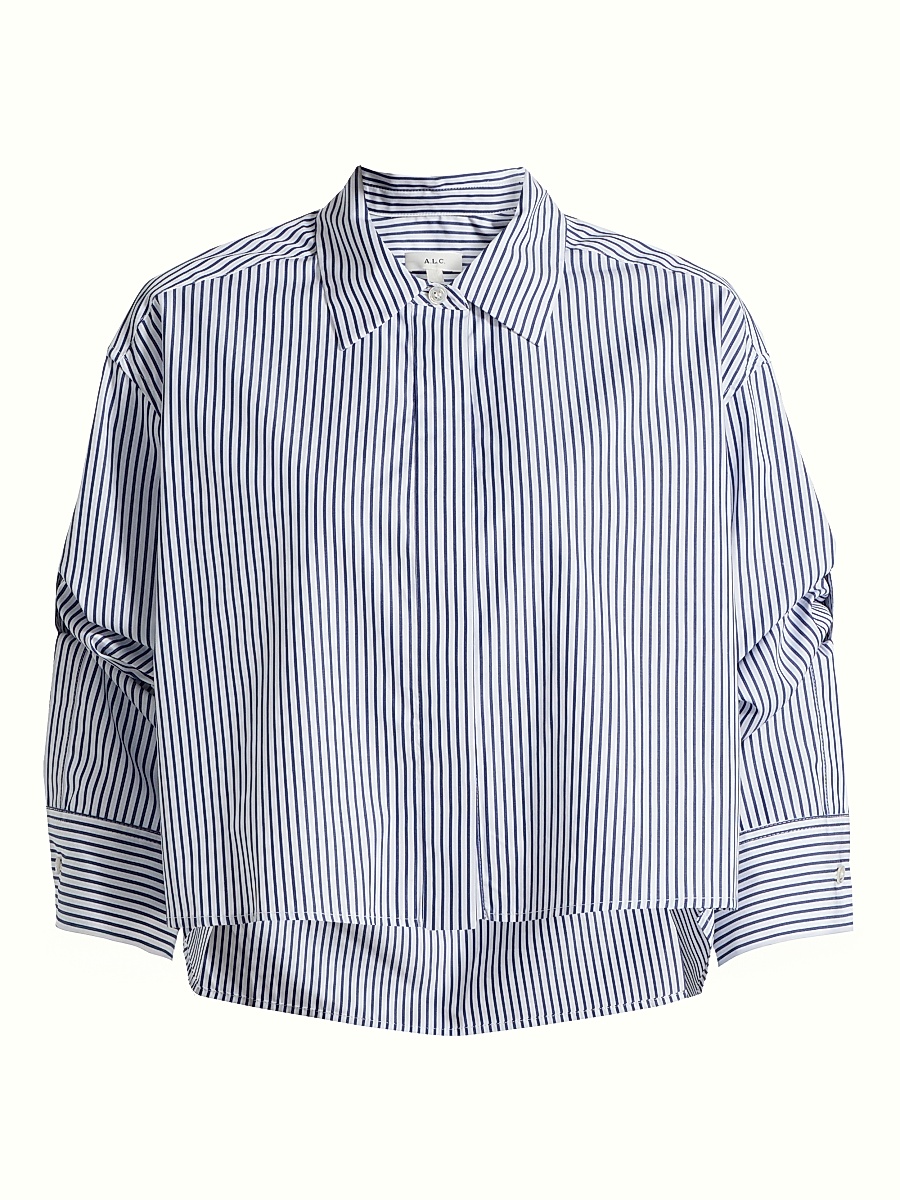 Women's Maude Striped Cotton Poplin High-Low Shirt - White Navy