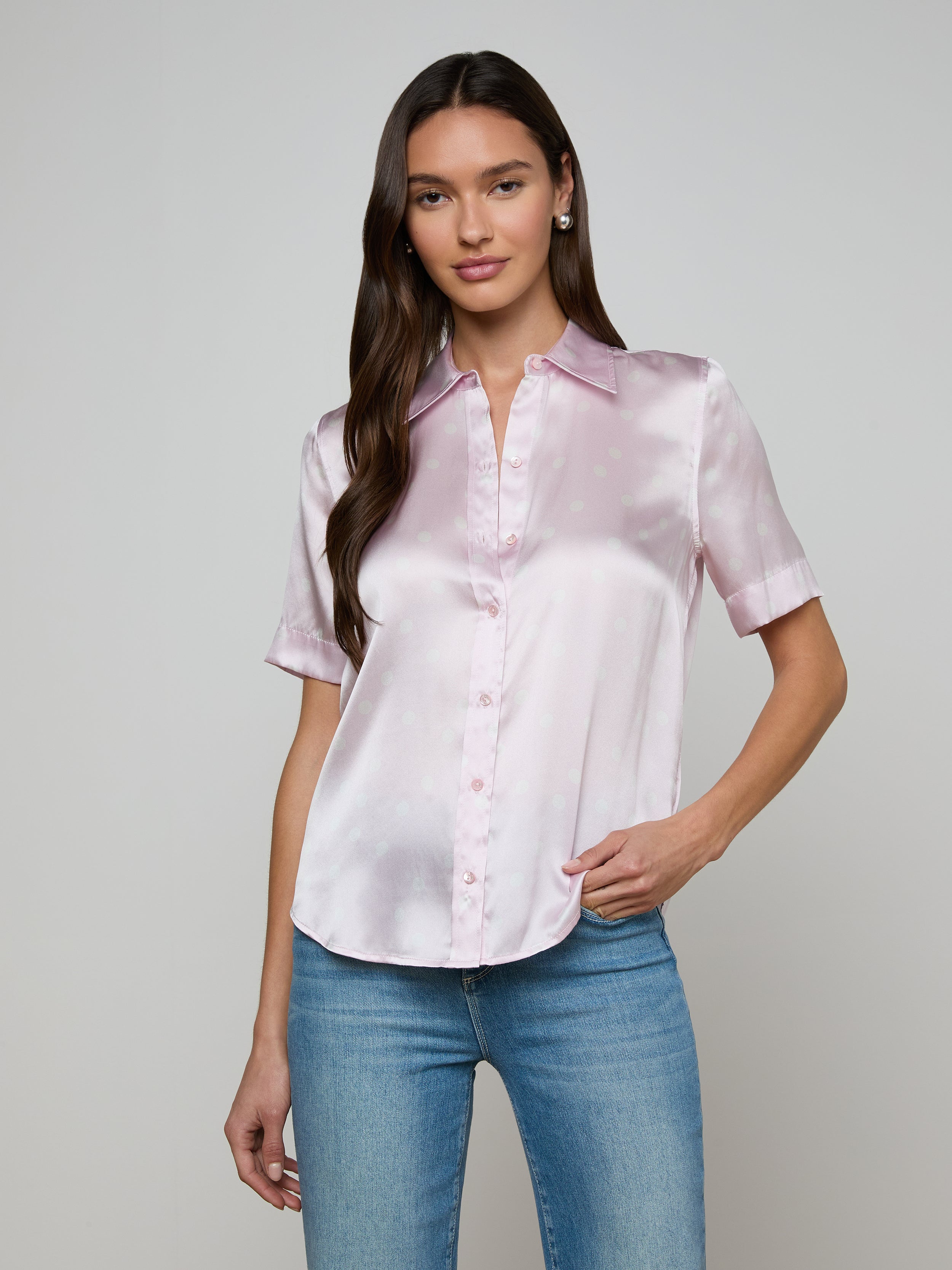Ellah Silk Blouse Top In Icy Lilac/ivory Polka Dot