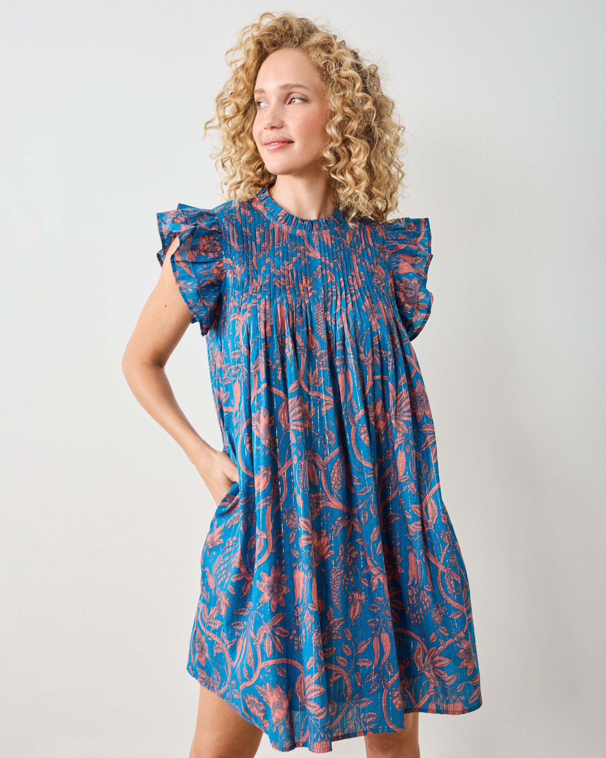 Cotton Sleeveless Mini Dress in Etched Vine | Women's XS | Blue