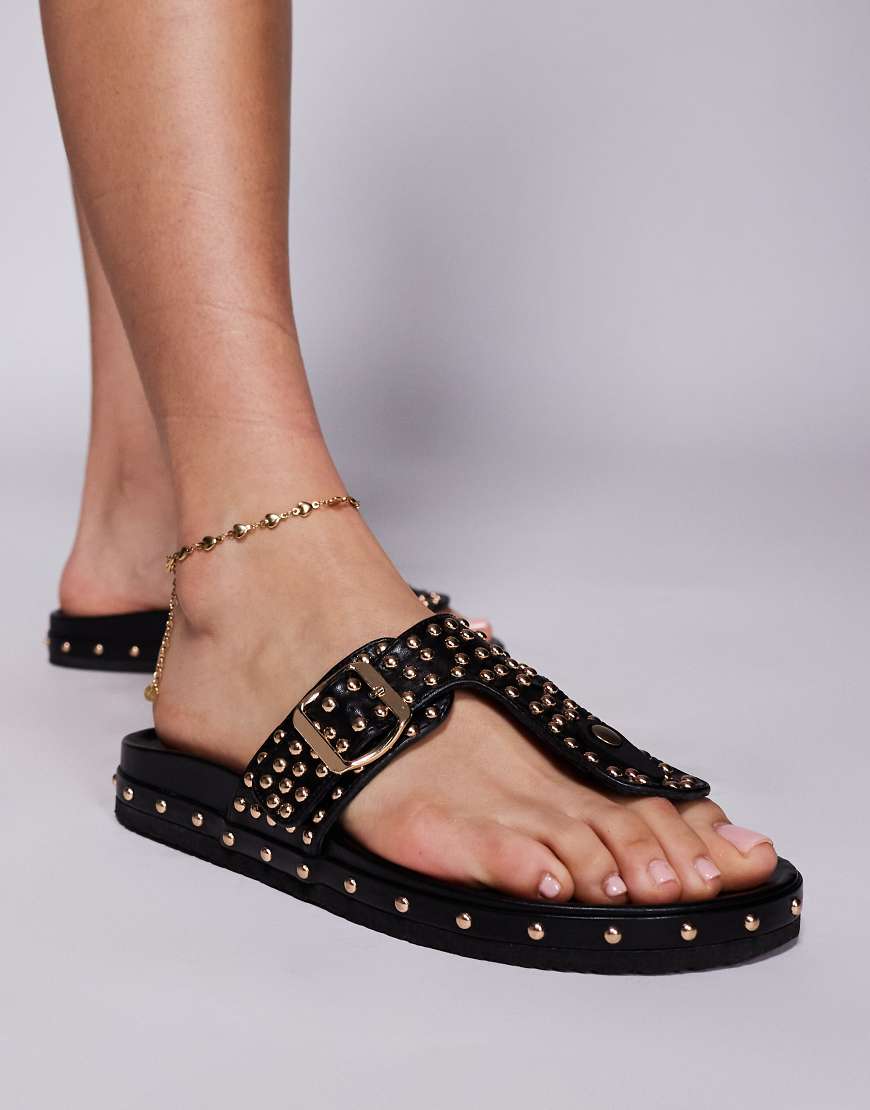 Azalea Wang Daisychain studded buckle detail sandals in gold-Black