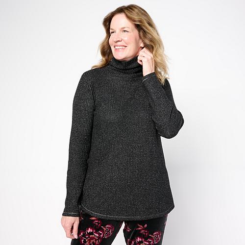 Shimmer Waffle Knit Funnel Neck Pullover Top - Whisper White