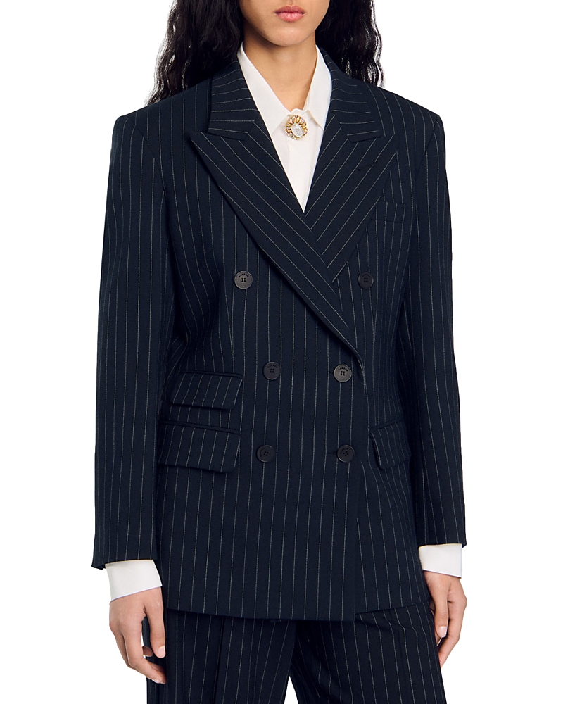 Polyester Striped suit jacket with double-breasted fastening, side flap pockets and rear vent