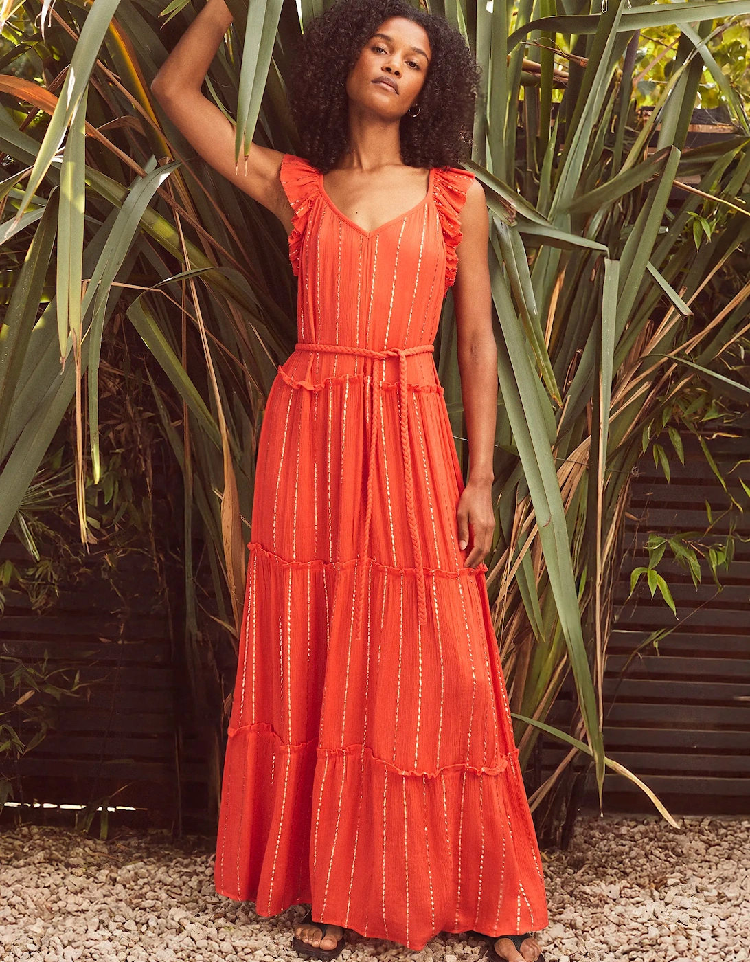 RO&ZO Women's Petite Coral Lurex Tiered Maxi Dress - Pink/Orange/Red