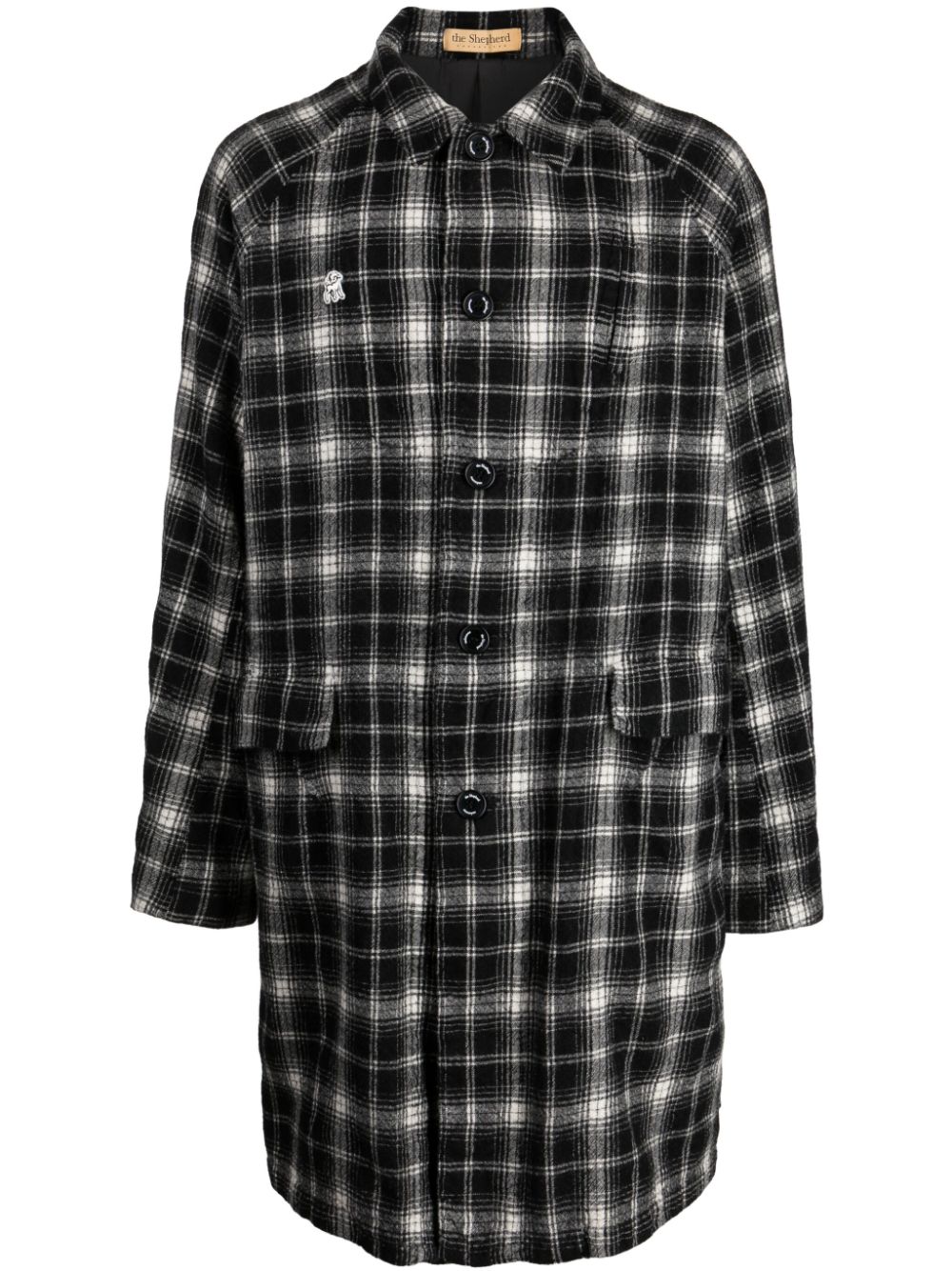 Check-pattern logo-patch wool coat - Black