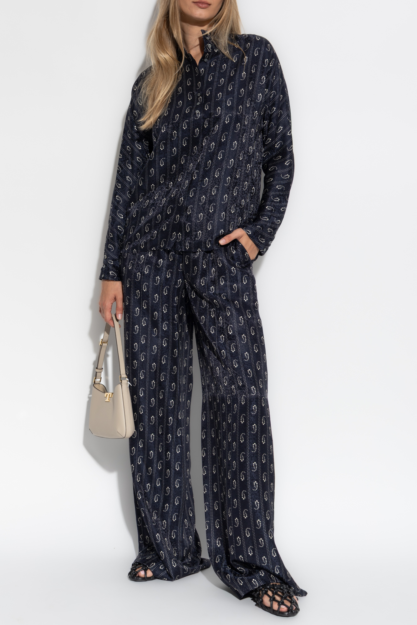 Patterned Wide-leg Trousers, Women's, Navy Blue