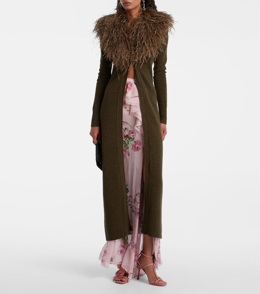 Feather-trimmed wool cardigan