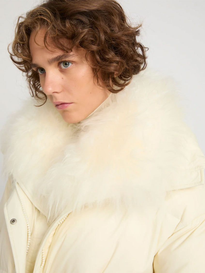 Ys Army Collection: Mid-Length Down Jacket With Removable Bib And Lambswool Trim
