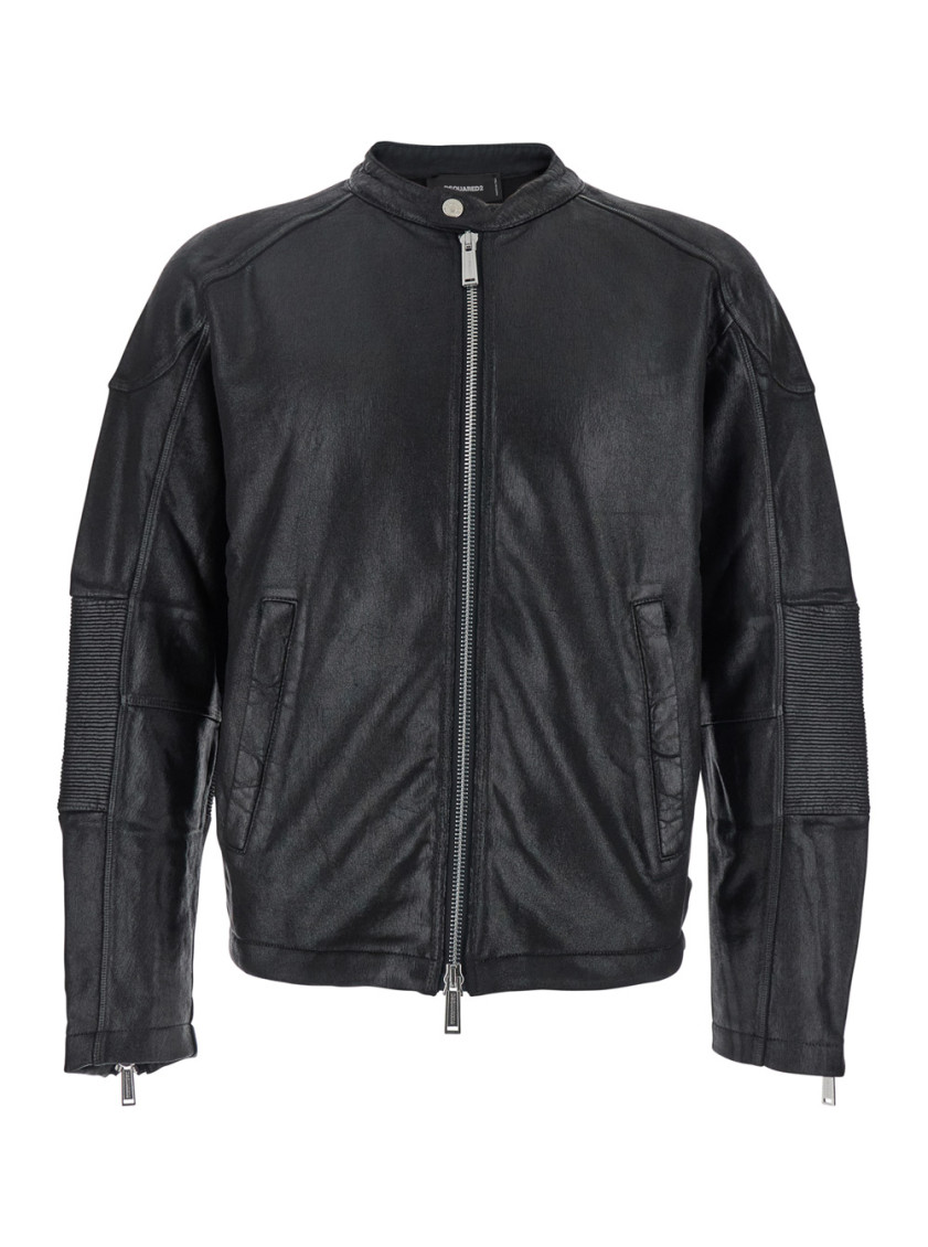 Black Biker Jacket With Zip Closure And Twinbro Logo Imprinted On The Back In Leather Man