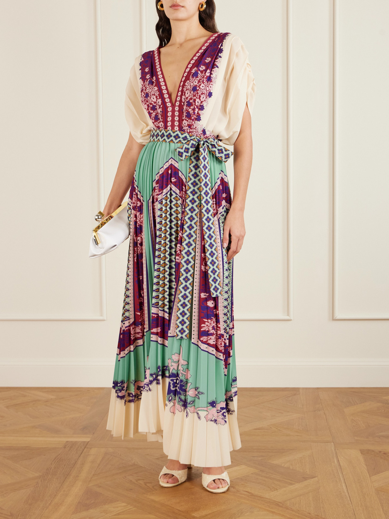 Belted Printed Pleated Crepe De Chine Maxi Dress - Multi