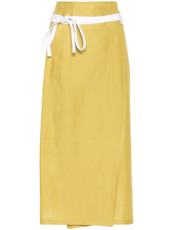 Linen Wrap Midi Skirt — Yellow