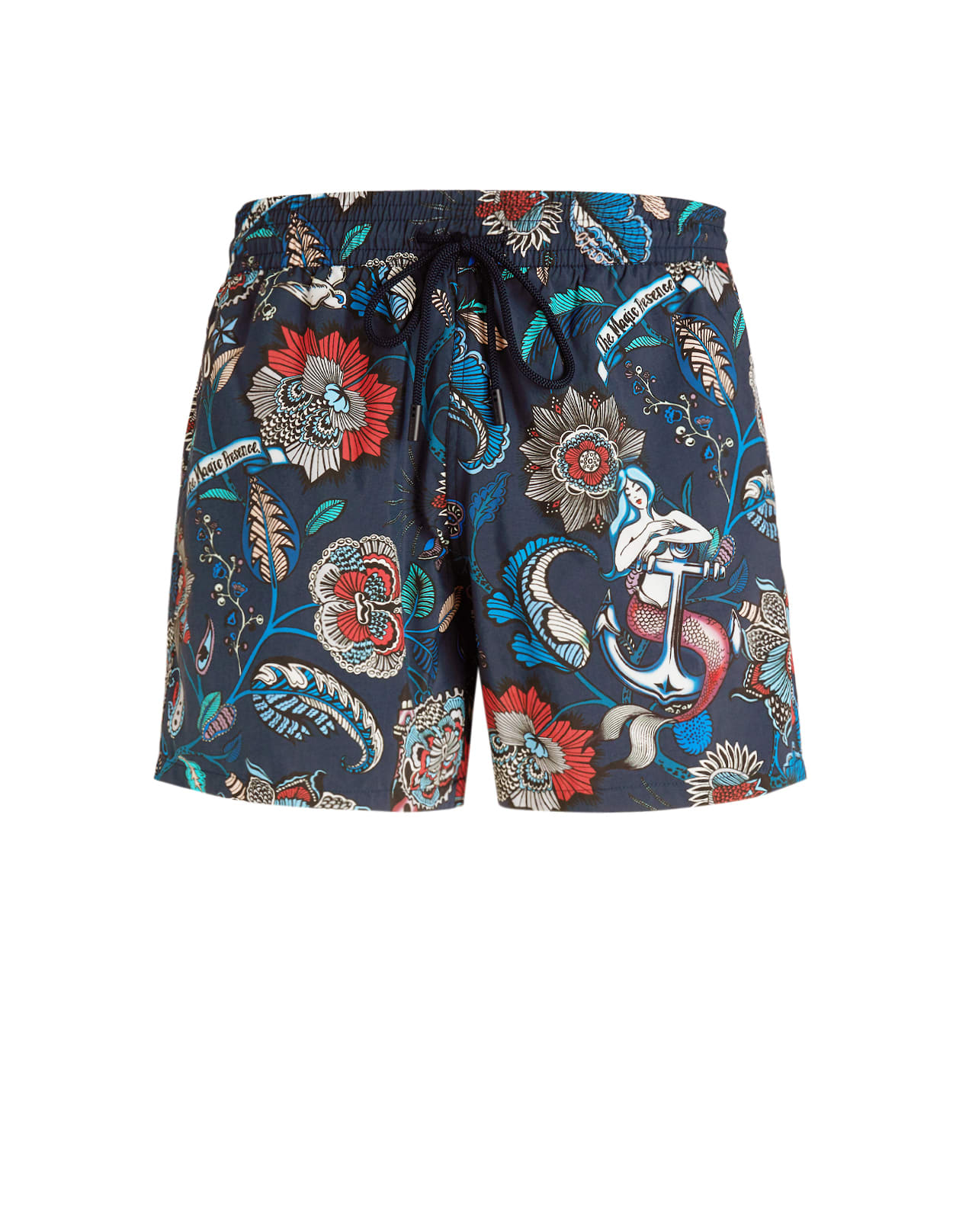 メンズ ネイビー ブルー スイムショーツ オールドスクール タトゥー プリント