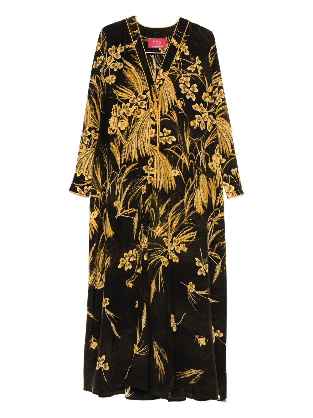 Gold Floral-Print Silk Blend Dress — Black