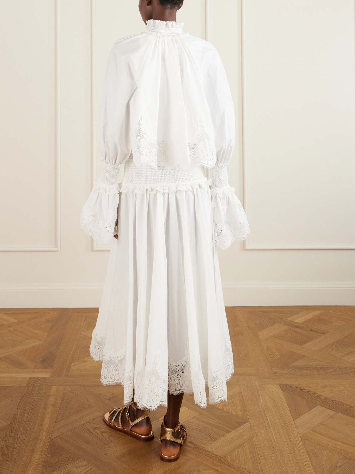 Alchemy Ruffled Shirred Lace-trimmed Cotton-poplin Midi Dress - White