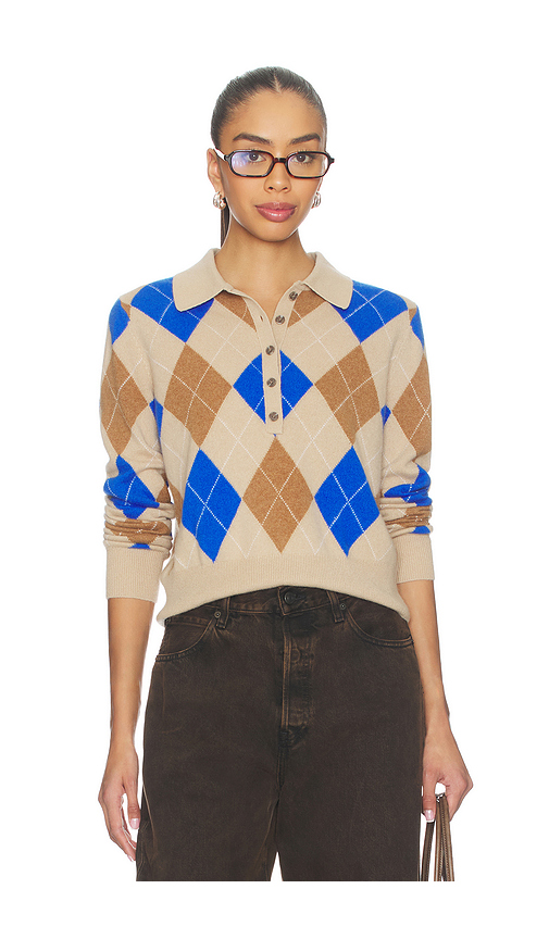 White & Warren Cashmere Argyle Long Sleeve Polo in Camel Blue Combo. M also in L