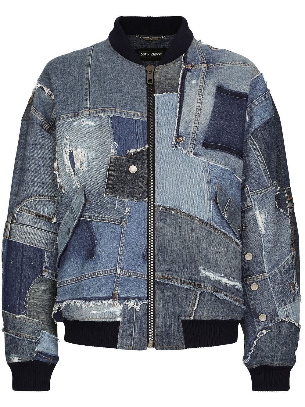 Denim-patchwork bomber jacket - Blue