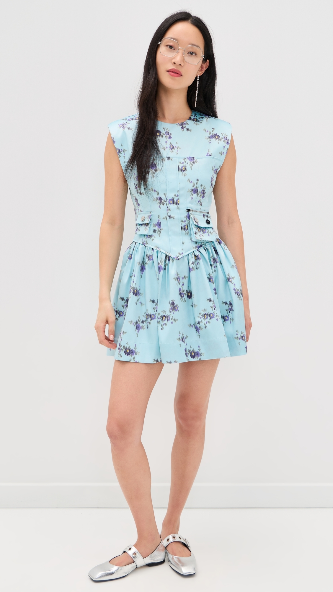Printed Double Satin Corset Mini Dress Iced Aqua