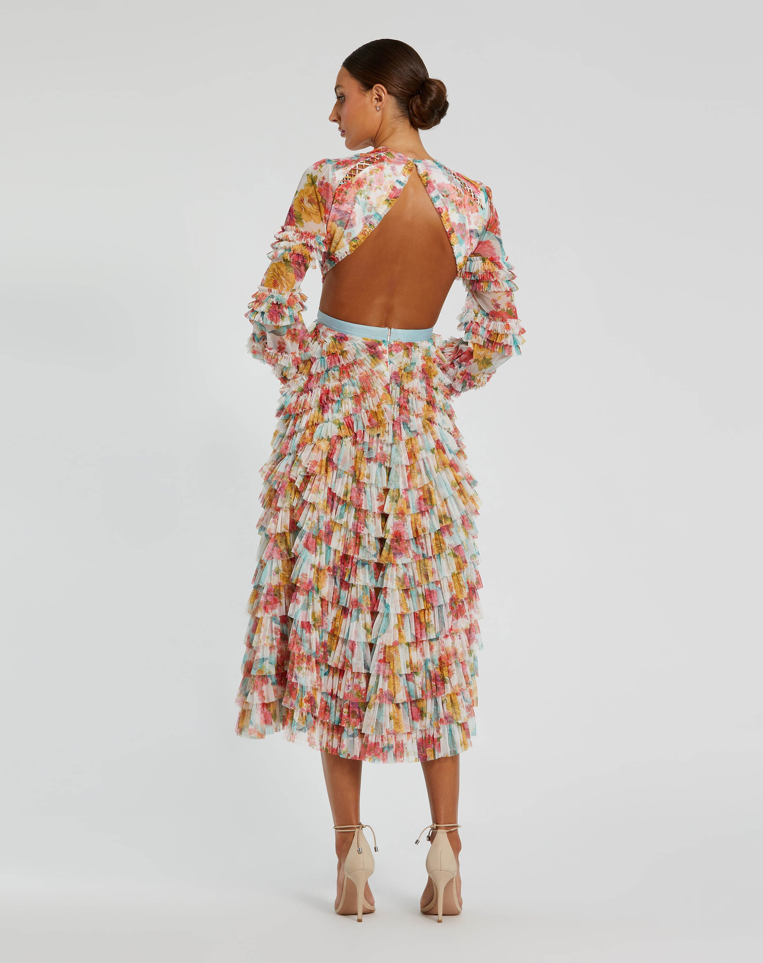 Long Sleeve Tiered Ruffle Cutout Criss Cross Dress In White Multi